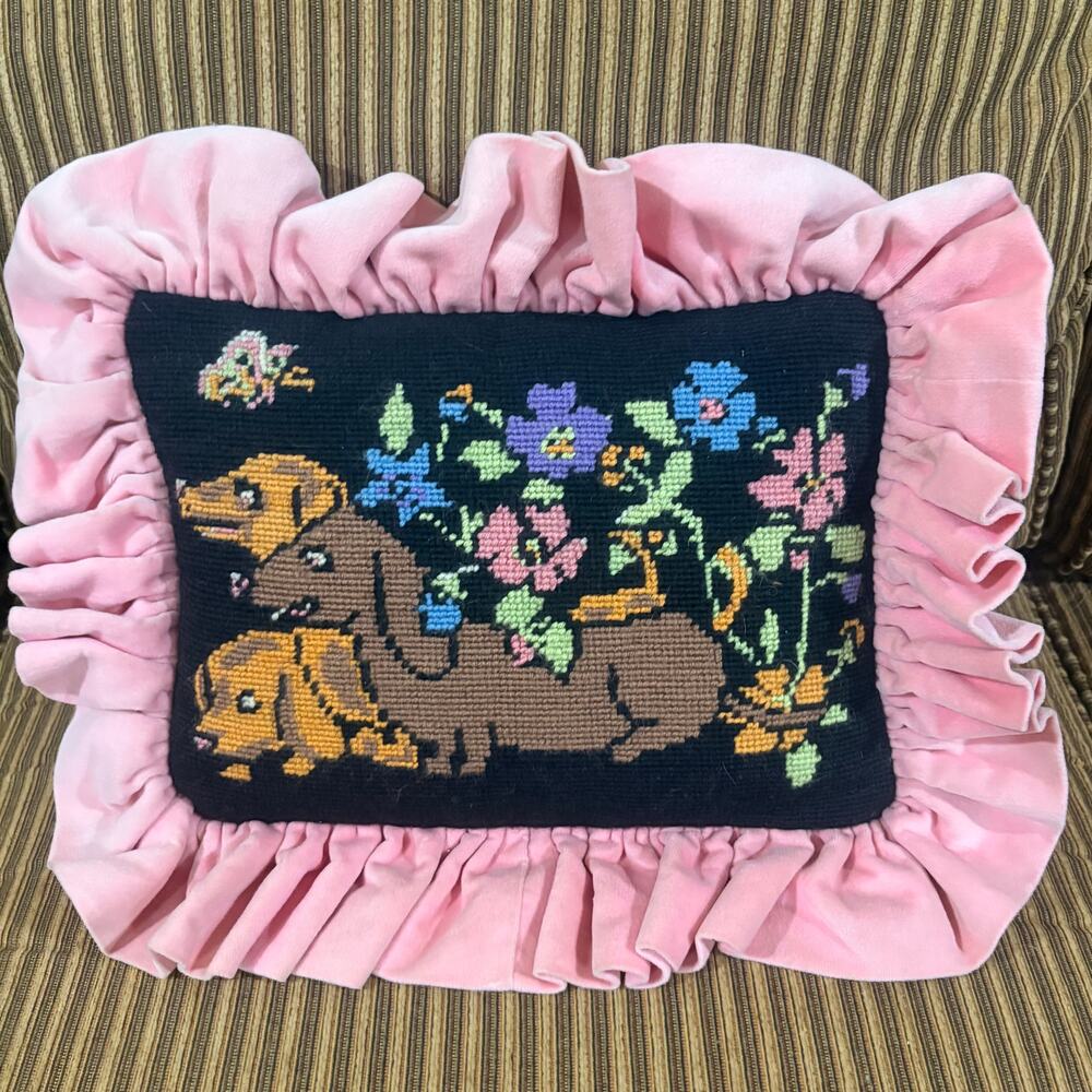 Grandmillennial Dachshund Needlepoint Accent Pillow Pink Velvet Ruffle Handmade